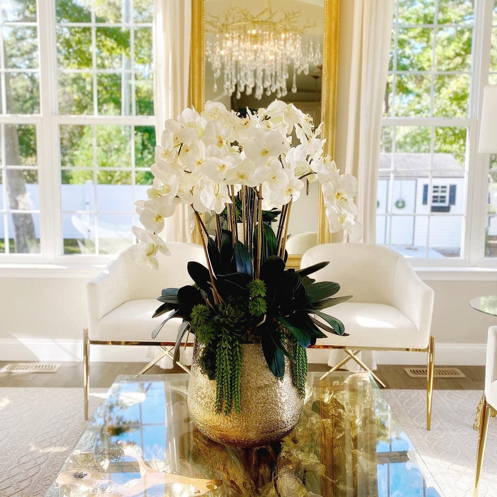 Delaney Vase in Gold with Multiple Phalaenopsis Orchid Stems and Succulents – The Ever Botanic