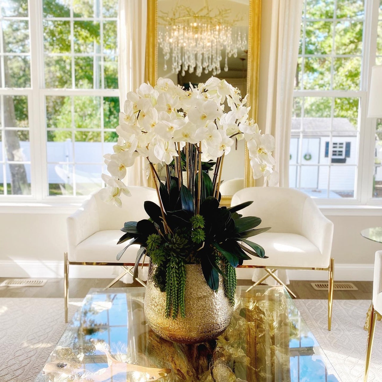 Delaney Vase in Gold with Multiple Phalaenopsis Orchid Stems and Succulents – The Ever Botanic