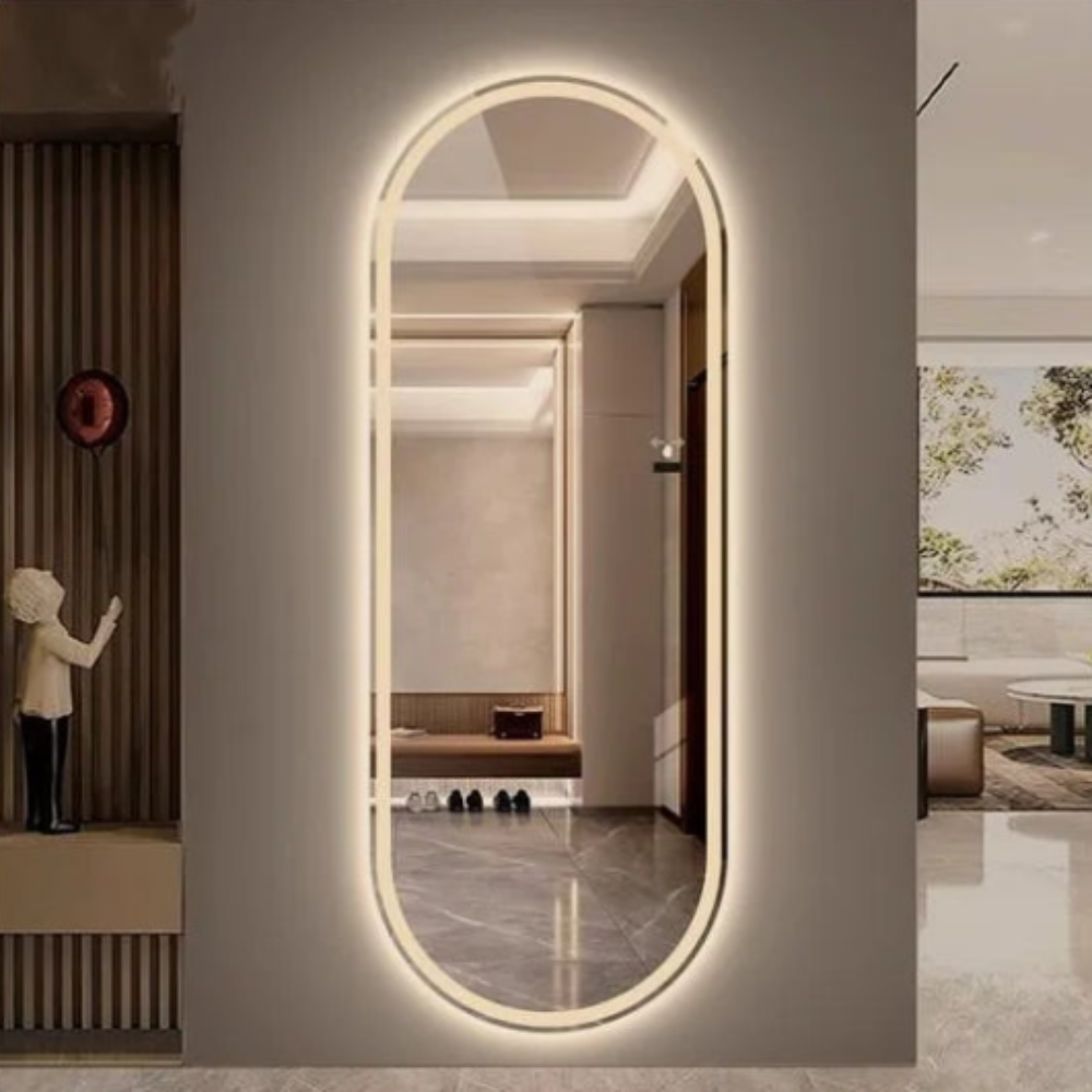 Frosted Oval Mirror with Warm LED - 60 × 150 cm Woodglass Oval – The Ever Botanic