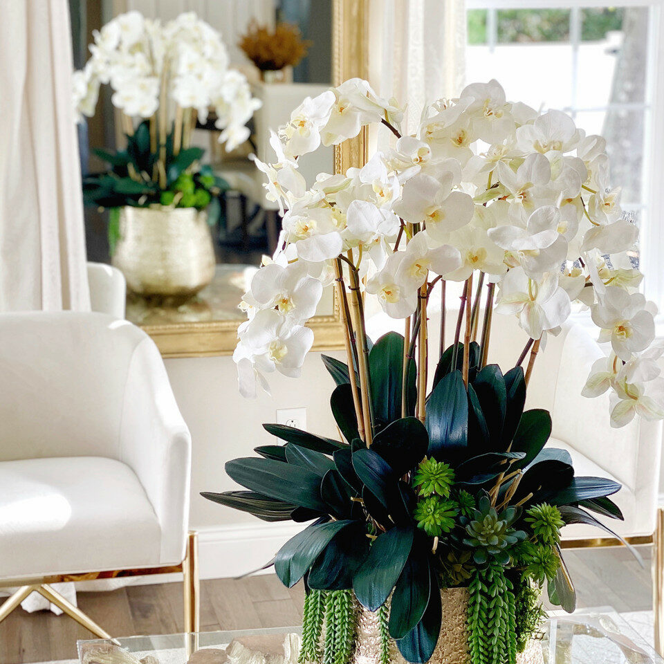 Delaney Gold Vase with Multiple Phalaenopsis Orchid Stems and Succulents – The Ever Botanic