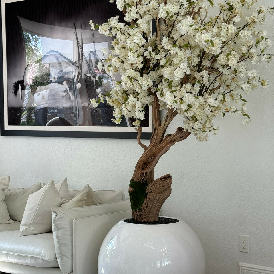 Shiny white globe vase with personalized Cherry Blossom Tree – The Ever Botanic