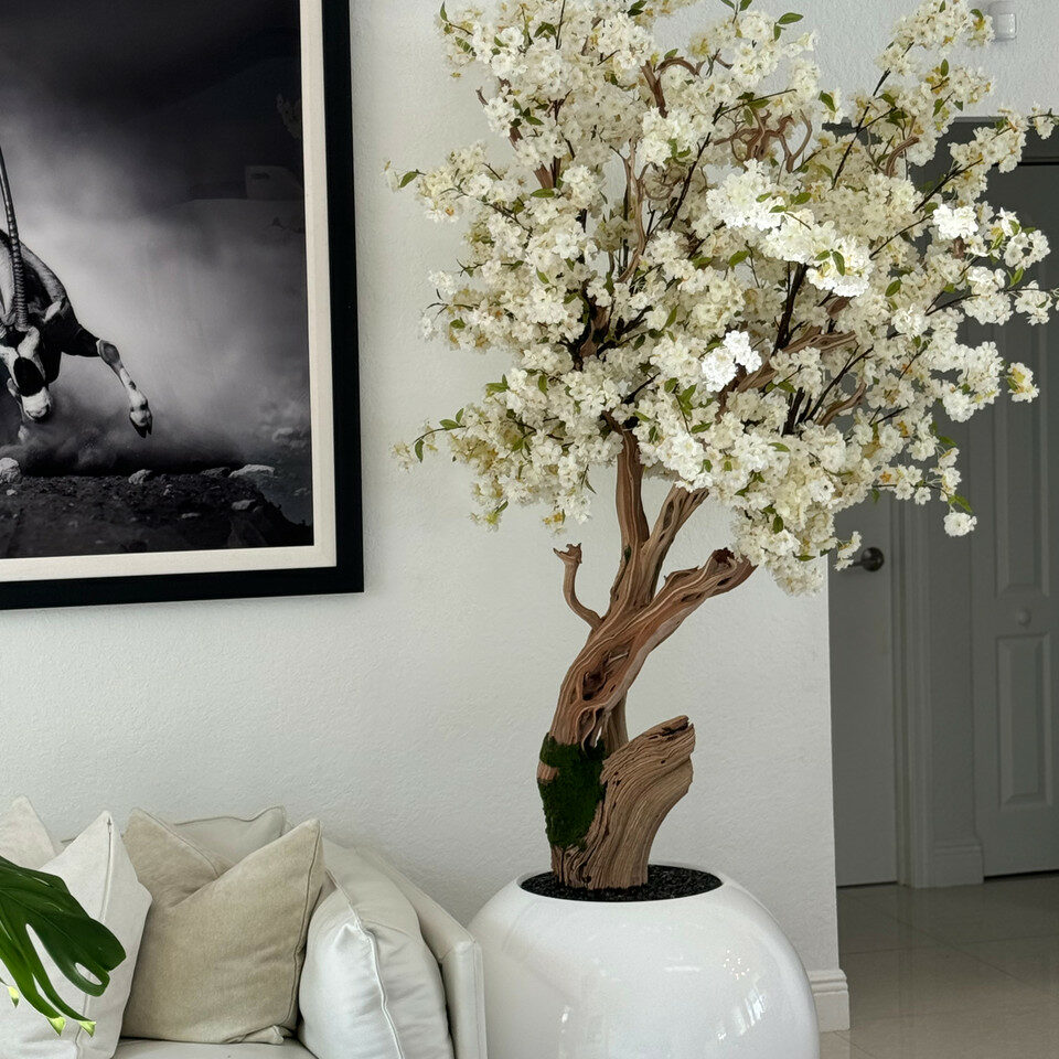Personalized Cherry Blossom Tree in Glossy White Globe Vase – The Ever Botanic