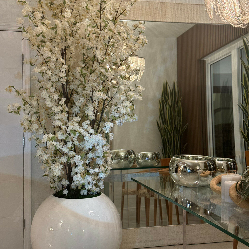 30" Glossy White Globe Vase with White Cherry Blossom Branches – The Ever Botanic