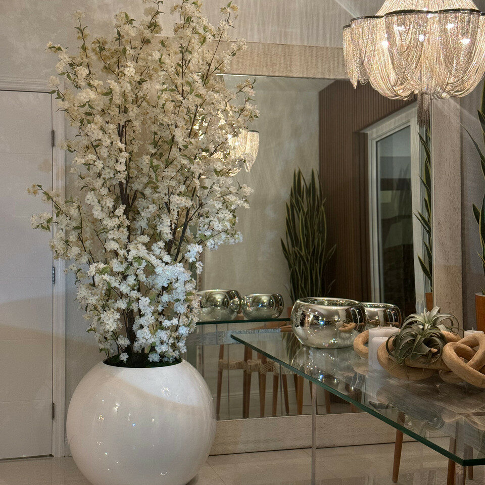 30" Glossy White Globe Vase with White Cherry Blossom Branches – The Ever Botanic