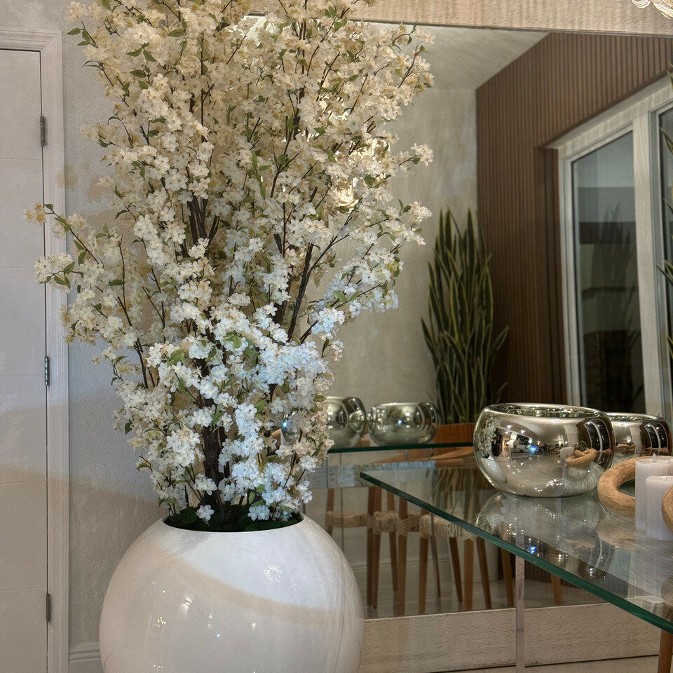 30" Glossy White Globe Vase with White Cherry Blossom Branches – The Ever Botanic