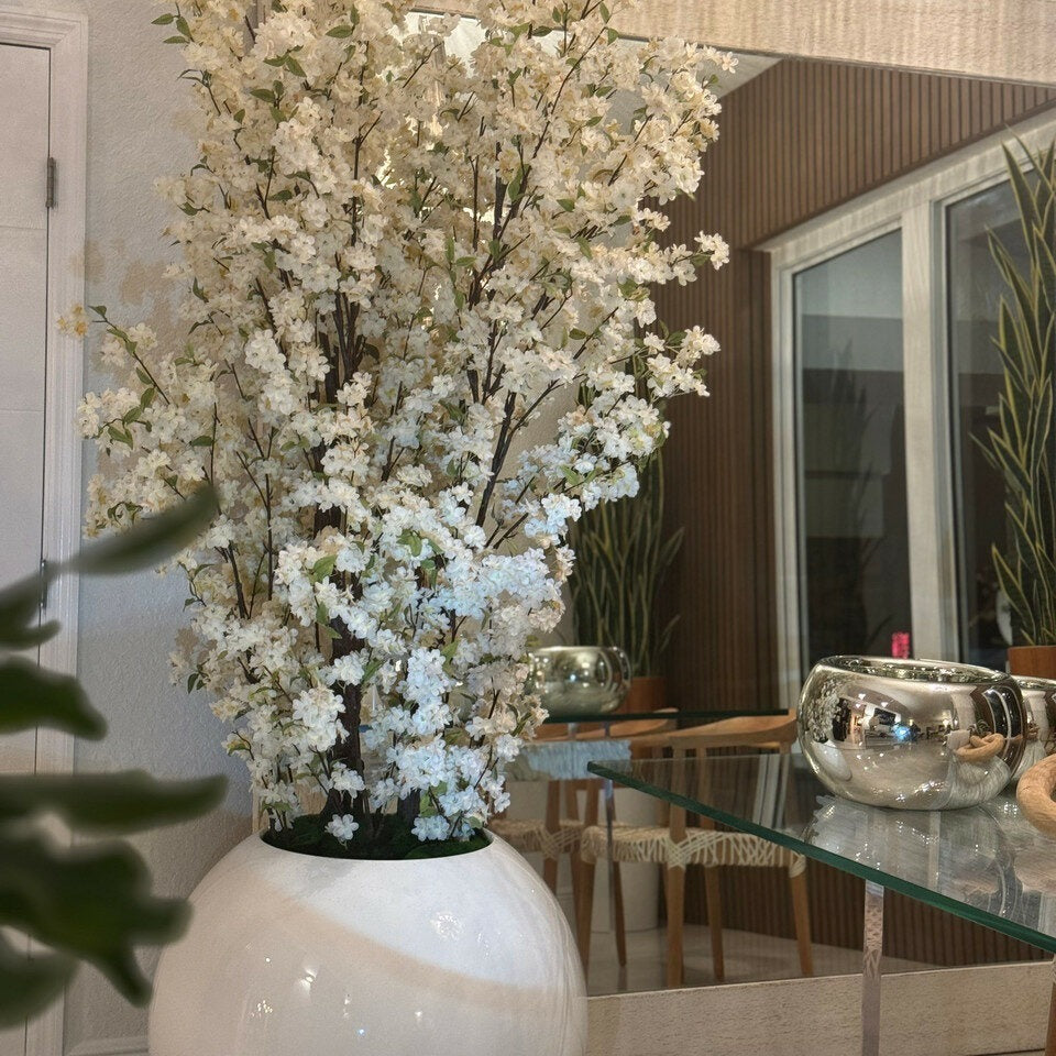 30" Glossy White Globe Vase with White Cherry Blossom Branches – The Ever Botanic