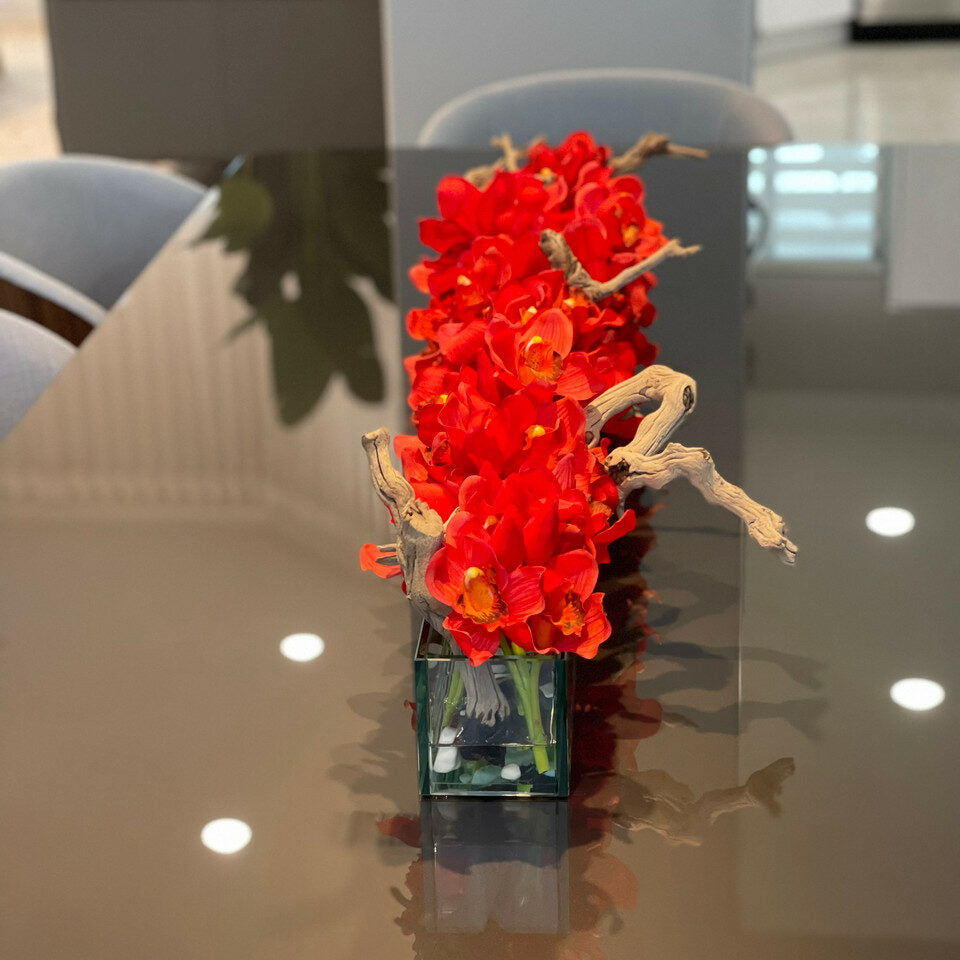 Modern Glass Planter "Modern Home" 122 cm with Red Cymbidiums – The Ever Botanic