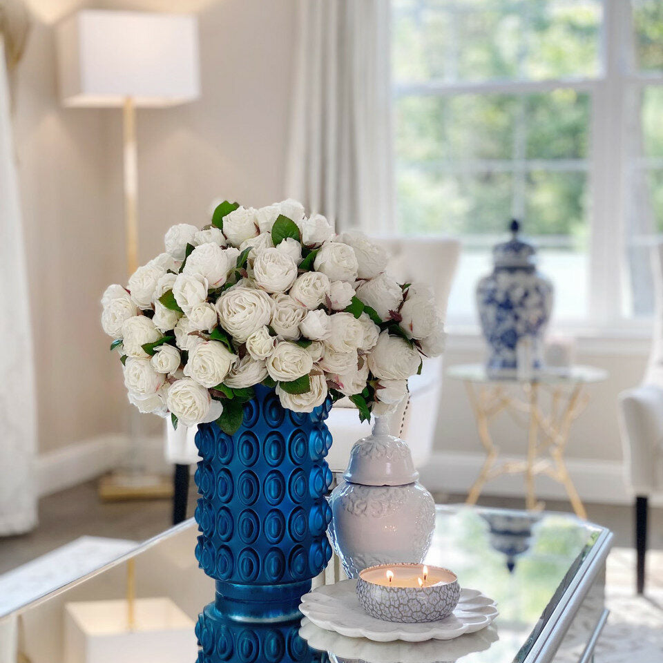 English White Roses in Textured Blue Vase – The Ever Botanic