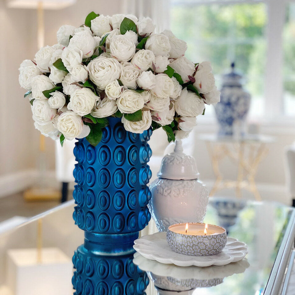 English White Roses in Textured Blue Vase – The Ever Botanic