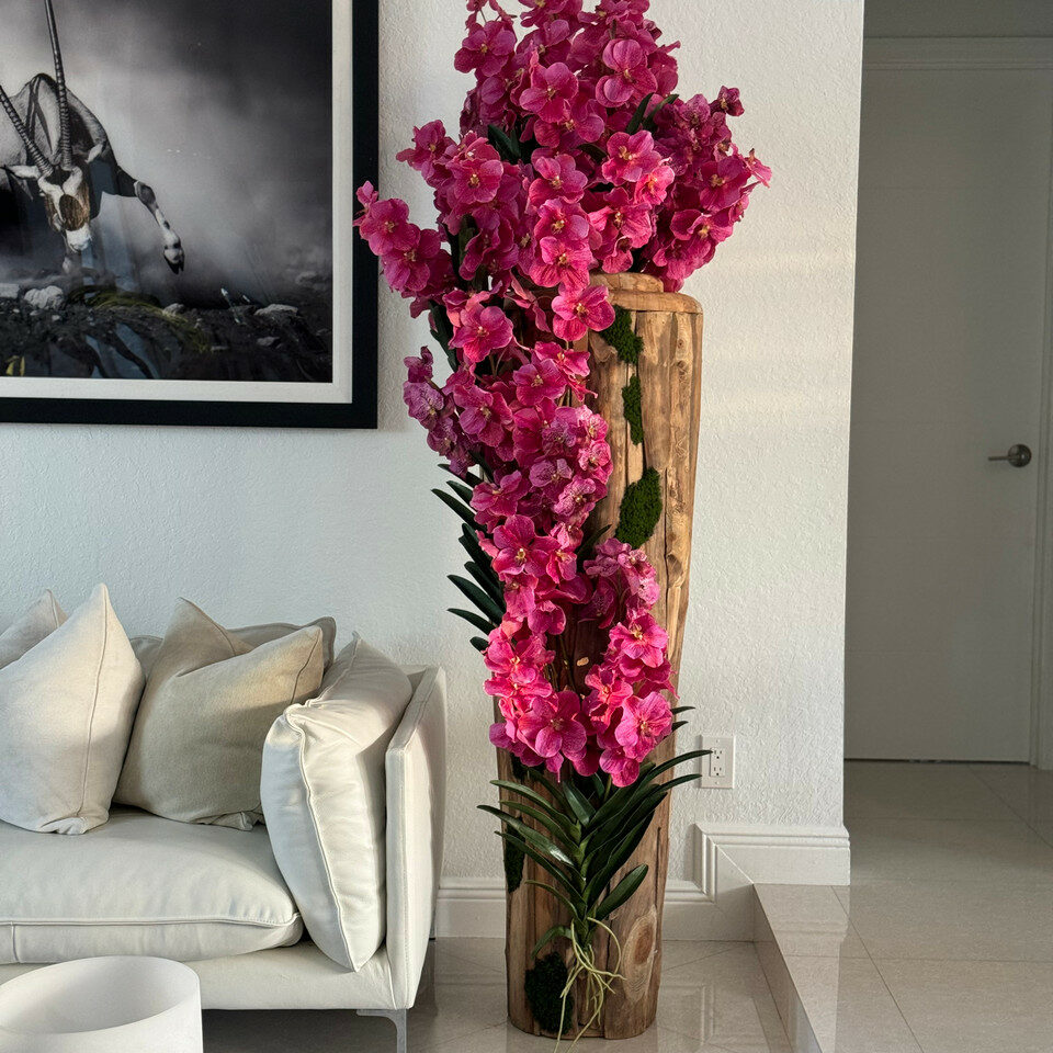 Large Teak Wood Vase with Natural Edges and Pink Vanda Orchids – The Ever Botanic
