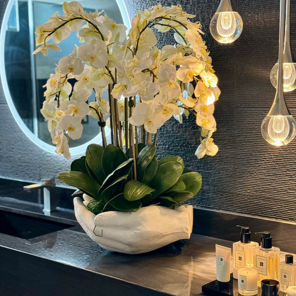 White Phalaenopsis Orchids in Open Hands Sculpture Pot – The Ever Botanic